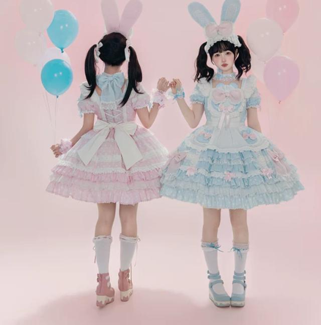 甘ロリ ワンピース のみ 2色 エプロン風 スイーツショップ フリル ショート丈 膝上 半袖 ケーキ風 スウィート ラブリー 可愛い 春夏秋コーデ 撮影 舞台 撮影用 イベント_6