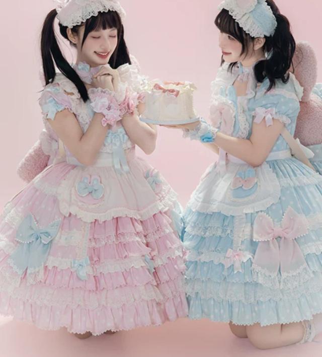 甘ロリ ワンピース のみ 2色 エプロン風 スイーツショップ フリル ショート丈 膝上 半袖 ケーキ風 スウィート ラブリー 可愛い 春夏秋コーデ 撮影 舞台 撮影用 イベント_7