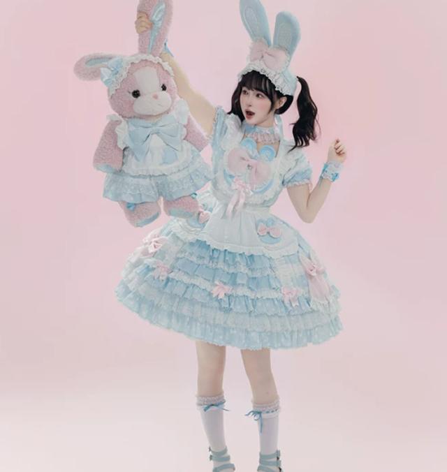甘ロリ ワンピース のみ 2色 エプロン風 スイーツショップ フリル ショート丈 膝上 半袖 ケーキ風 スウィート ラブリー 可愛い 春夏秋コーデ 撮影 舞台 撮影用 イベント_8