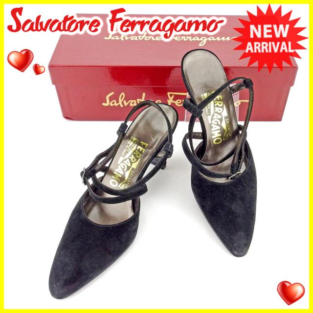 サルヴァトーレ フェラガモ パンプス シューズ 靴 ♯4ハーフC ポインテッドトゥ クロスデザイン ブラック スエードSalvatore Ferragamo レディース 良品 T4278 中古の通販は