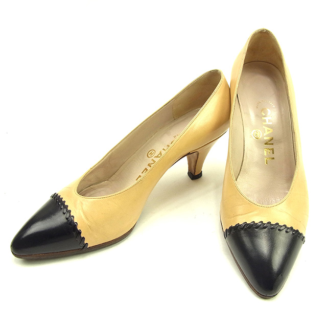 シャネル パンプス #34 1 2 バイカラー ベージュ×ブラック レザーCHANEL レディース 良品 オシャレ T453 中古の通販は