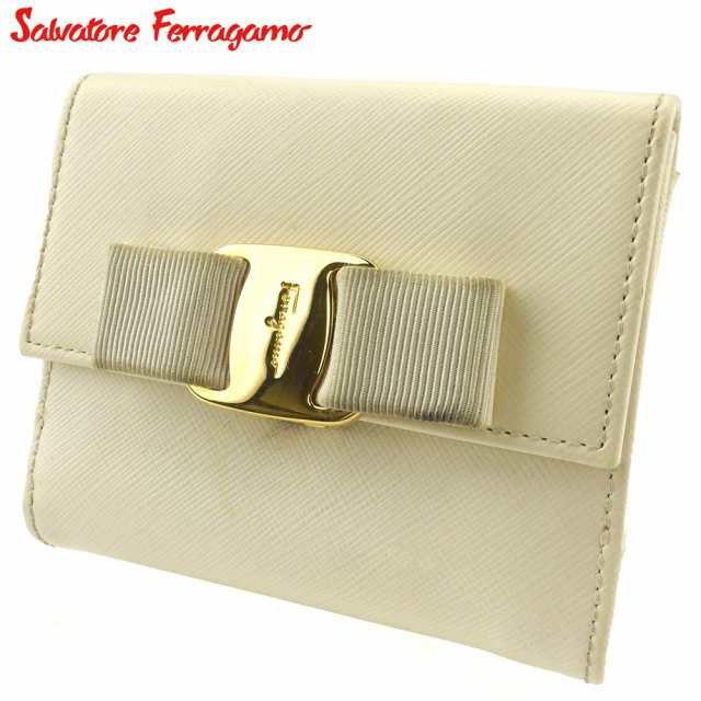 極 美品 Salvatore Ferragamo フェラガモ ヴァラリボン 金具 レザー 本革 Wホック 二つ折り 財布 ミニ ウォレット ブラック 15310