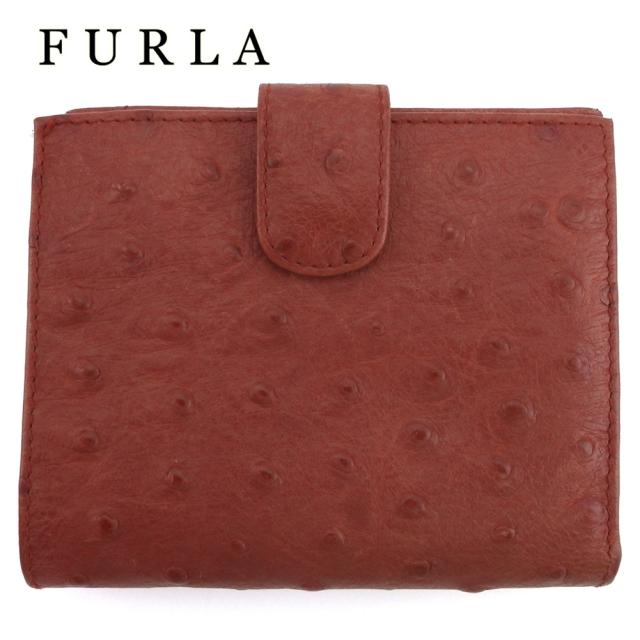 フルラ 二つ折り 財布 L字ファスナー ミニ財布 オーストリッチ調 レディース 中古の通販は