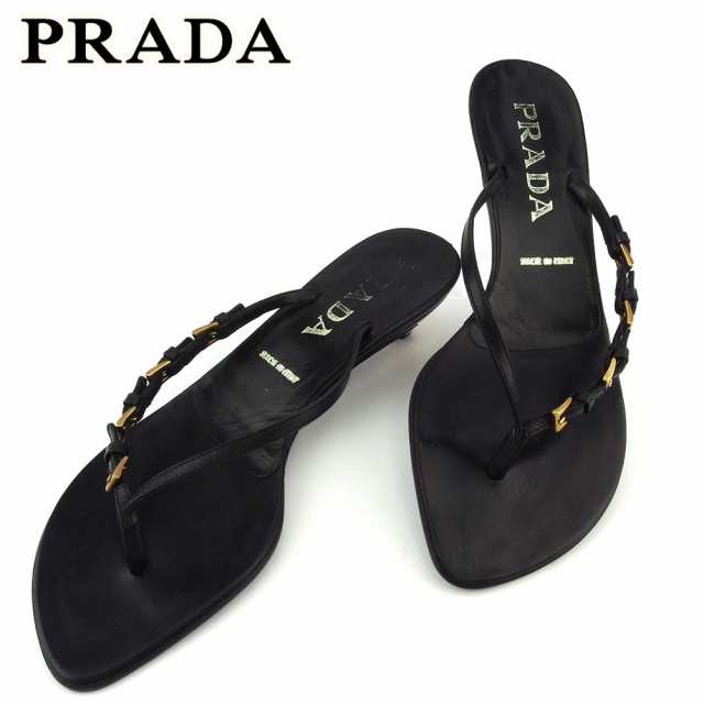 ラスト1点 プラダ サンダル シューズ 靴 レディース ♯35 ビーチサンダル ベルトデザイン ブラック ゴールド レザー PRADA 【プラダ】  L3｜au PAY マーケット