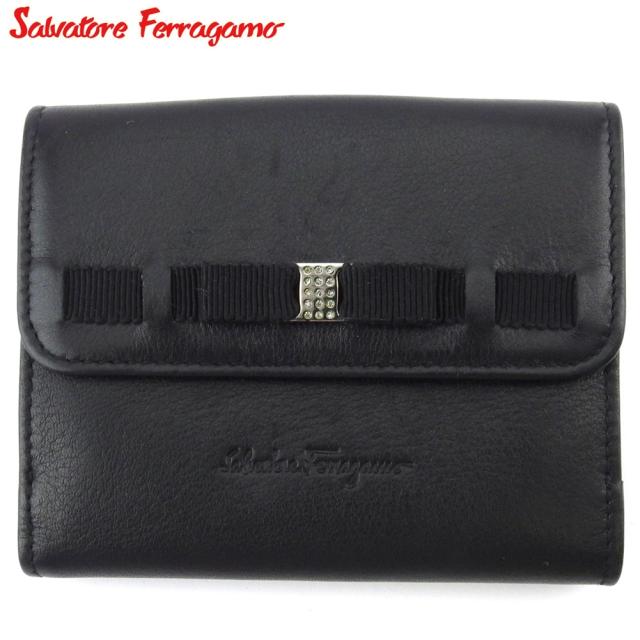 極美品】Ferragamo レザー 二つ折り財布 ヴァラリボン 黒