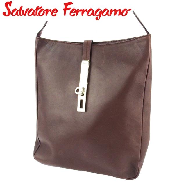 美品●フェラガモ　ショルダーバッグ　ロゴ型押し　裏地総柄　レザー　ダークブラウン Salvatore Ferragamo フェラガモ ショルダーバッグ ブラウン