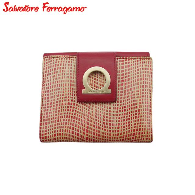 【美品】Salvatore Ferragamo フェラガモ Wホック コンパクトウォレット レザー 財布 ガンチーニ金具 黒 6連キーケース SV金具