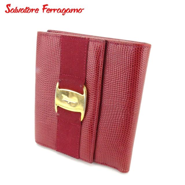 フェラガモ ヴァラ リザード 型押し レザー Wホック 二つ折り 財布