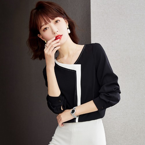 トップス シャツ シフォンシャツ ミディアム丈 長袖 バイカラー かわいい 大人可愛い きれいめ シンプル 上品 おしゃれ かっこいい レトロ きちんと こなれ感 個性的 主役級 存在感 抜け感 オールシーズン ナチュラル ベーシック クール メンズライク フォーマル エレガントの通販は