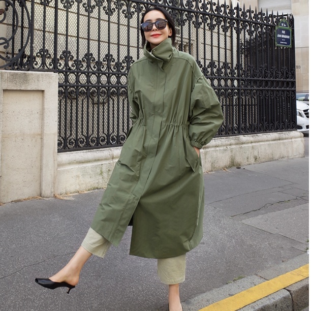 ダークグリーン ベルト付きロングコート ルシェルブルー 36 ダーク