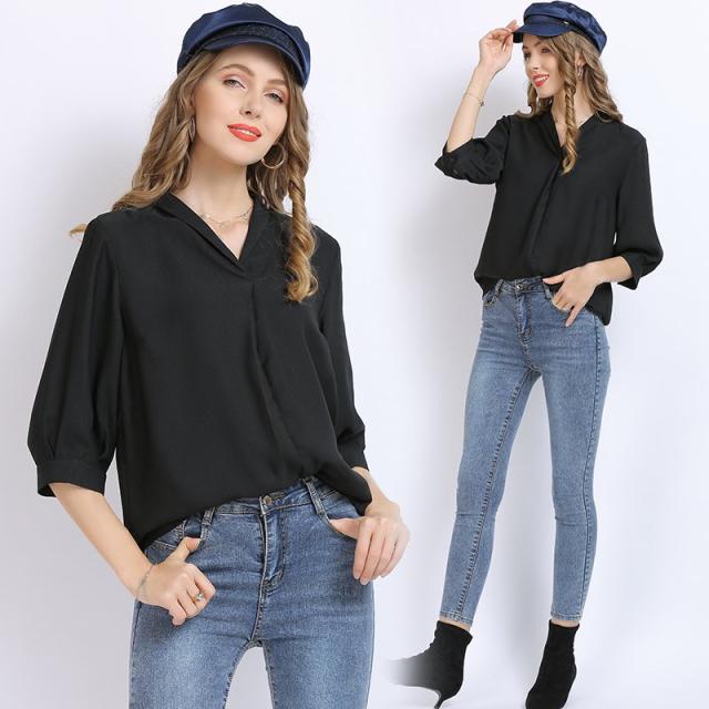 レディース Vネック シフォンブラウス ランタンスリーブ トップス 七分袖 シャツ ブラック 大人可愛い ママコーデ ママファッション 韓国の通販は