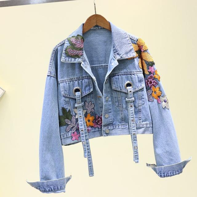 レディース フラワー刺繍 デニム ジャケット ショート丈