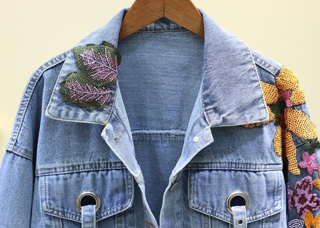 レディース フラワー刺繍 デニム ジャケット ショート丈 レディース フラワー刺繍 デニム ジャケット ショート丈
