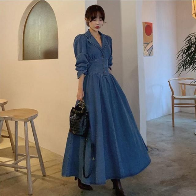 レディース ウエストマーク デニム ロング丈 ワンピース 大人可愛い ママコーデ ママファッション 韓国 オルチャンファッション 人気の通販は 8,184円