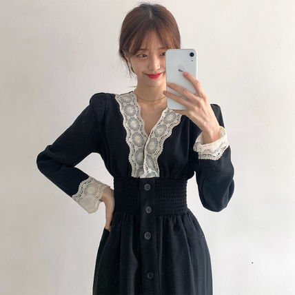 レディース ワンピース Vネック レース ハイウエスト ボタン 大人可愛い ママコーデ ママファッション 韓国 オルチャンファッション 人気の通販は