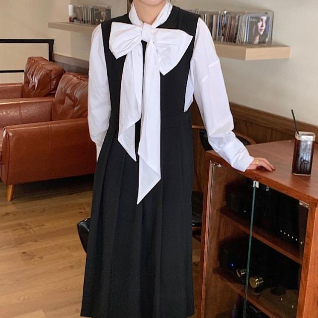 レディース セットアップ ワンピース シャツ 2点セット ボウタイブラウス 長袖 プリーツスカート 大人可愛い ママコーデ 7,036円