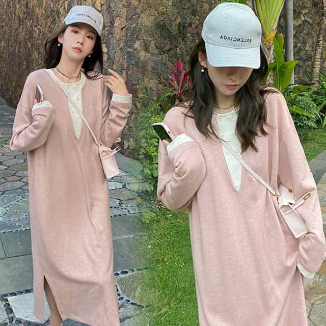 マタニティ ワンピース ラウンドネック ミディ丈 サイドスリット レディース 可愛い ママコーデ ママファッション ママ服の通販は