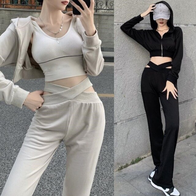 レディース 2カラー セットアップ 2点セット パーカー パンツ ジップアップ フーディー 長袖 ショート丈 クロップド ロングパンツの通販は