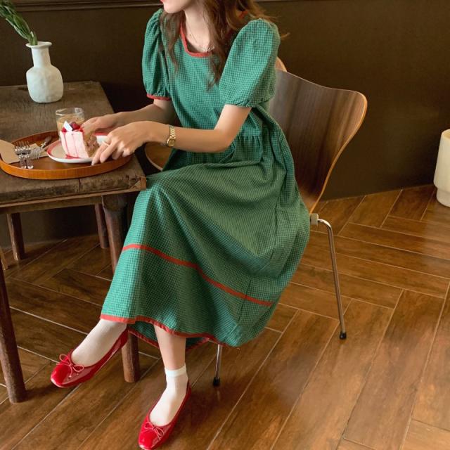 レディース 2カラー ワンピース 半袖 パフスリーブ チェック柄 パイピング ロングワンピース ハイウエスト 切り替え 大人可愛いの通販は 4,826円