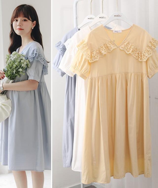 【日本未発売/マタニティ ワンピース 大きめ襟 Vネック パンチングレース パフスリーブ 半袖 膝丈 レディース 可愛い ママコーデの通販は