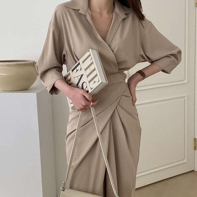 レディース フレンチラペル ウエストクロス ラップ ワンピース Vネック ボリュームスリーブ 大人可愛い ママコーデ ママファッションの通販は