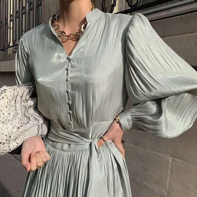 レディース ワンピース プリーツ Vネック ロングワンピース バルーンスリーブ 通勤 大人コーデ 大人可愛い ママコーデ ママファッションの通販は