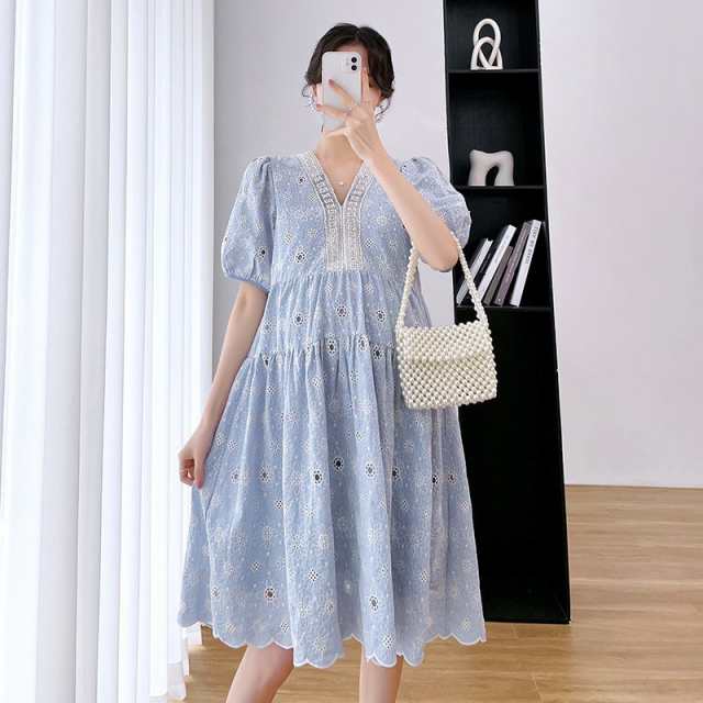 【日本未発売/マタニティ ワンピース パール 刺しゅう パフスリーブ 花柄 フラワー ハイウエスト ブルー レディース 可愛い ママコーデの通販は