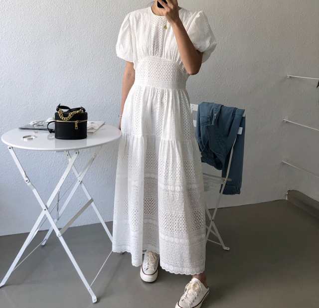 レディース 3カラー ワンピース ロングワンピース マキシワンピース レース パンチング 切り替え 大人可愛い ママコーデの通販は