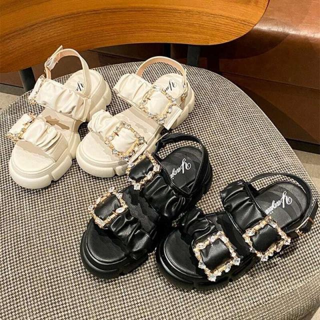 レディース ビジュー バックル プラットフォーム サンダル 2ストラップ ダブルベルト 大人可愛い ママコーデ ママファッション 韓国系の通販は