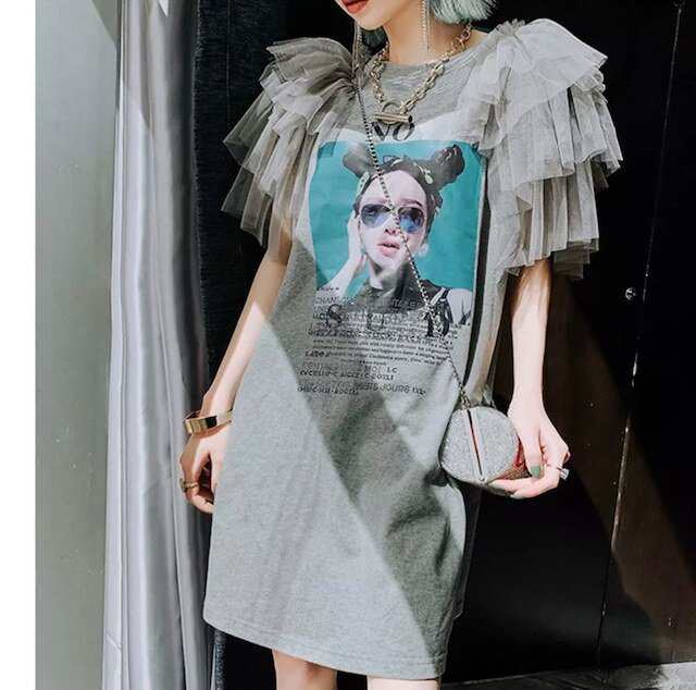 レディース チュール フリル ワンピース 半袖 Tシャツ チュニック ミニ ワンピース モード ロンT フリル スリーブ ティアード 大人可愛いの通販は