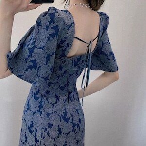 レディース バックオープン 花柄 刺繍 ロングワンピース バックリボン 半袖 大人可愛い ママコーデ ママファッション 韓国系 オルチャンの通販は