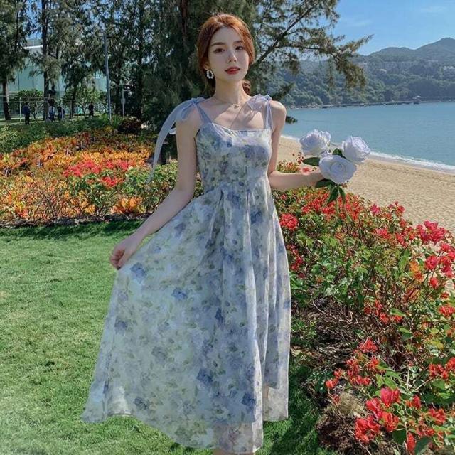 レディース フローラル キャミソールワンピース ドレス ストラップワンピ 花柄 フレア リボンショルダー 大人可愛い ママコーデの通販は