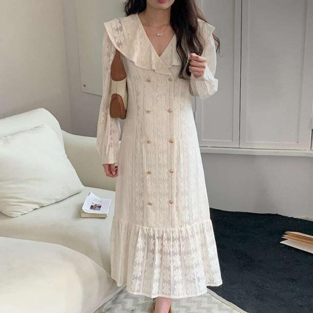 レディース フラワー レトロデザイン レース ワンピース ベルト付き Vネック フリル Aライン 長袖 大人可愛い ママコーデの通販は