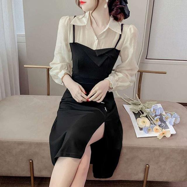 レディース ワンピース フェイクレイヤード 襟付き スリット 長袖 お呼ばれ フォーマル エレガント 大人可愛い ママコーデの通販は