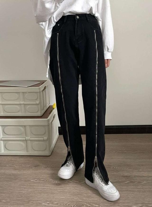 レディース パンツ 2WAY ジップ ビッグスリット デニムパンツ ストレートデニム ハイウエスト ジーンズ 大人可愛い ママコーデの通販は 5,129円