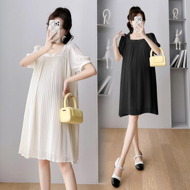 マタニティ ワンピース ドレス シフォン プリーツ スクエアネック パフスリーブ ふんわり パーティー お呼ばれ フォーマル 結婚式の通販は 6,180円