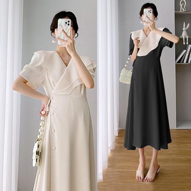 マタニティ 全5色 ワンピース ドレス カシュクール Vネック 大きめ襟 サイドリボン 半袖 ロング サイドボタン お呼ばれ パーティーの通販は 6,980円