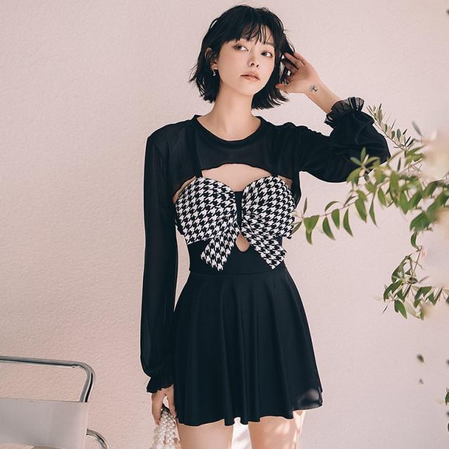 レディース 水着 スイムウェア 重ね着 2点セット 長袖付き トップス付き ワンピース水着 千鳥柄 モノトーン リボン フレアスカートの通販は 6,580円