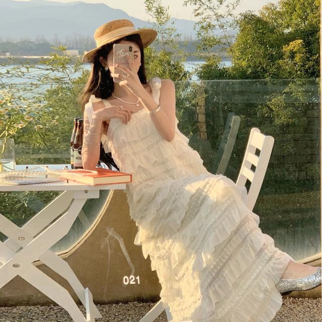 レディース ワンピース ショルダー リボン フリル ロングワンピース ティアードワンピース リゾート Iライン ノースリーブ 大人可愛いの通販は