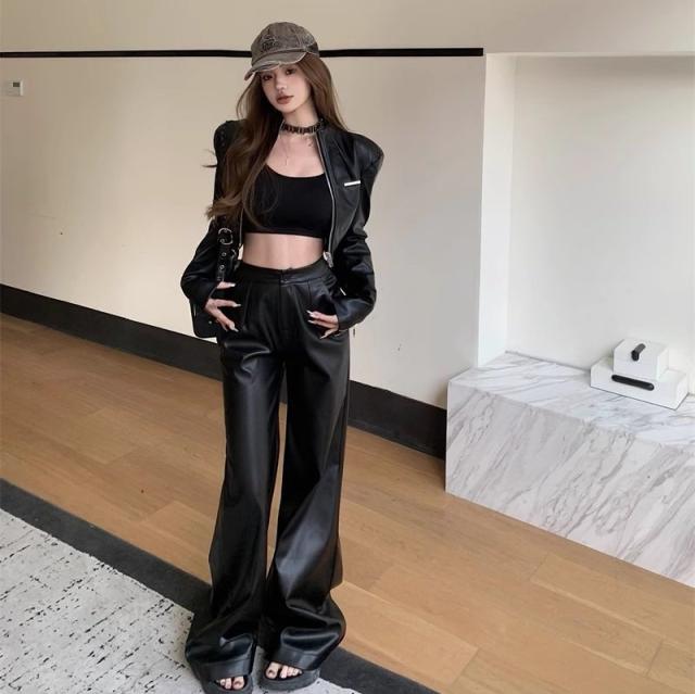 セットアップ レディース レザー ジャケット ジッパー ストレート ワイドパンツ ワイドシルエット ブクール 個性 ラック 大人可愛いの通販は
