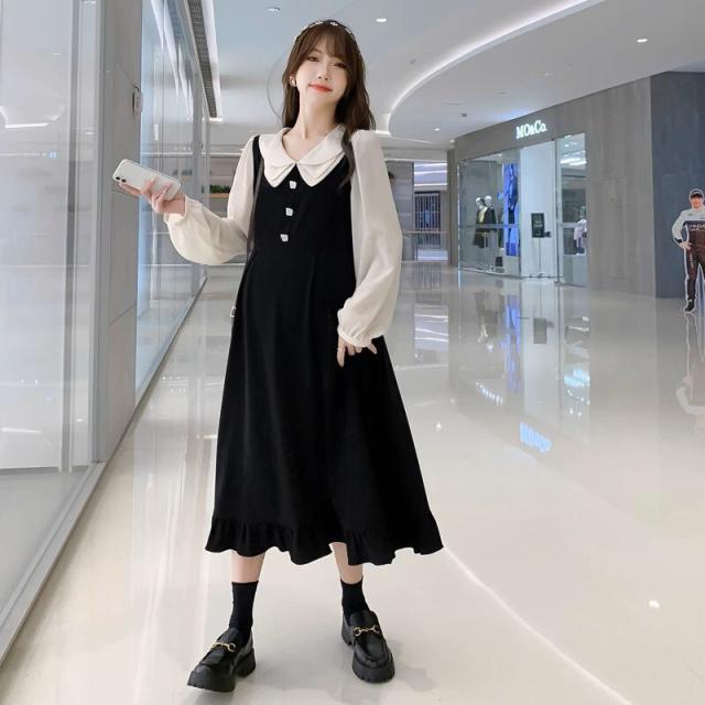 ワンピース マタニティ 授乳口付き レイヤード風 襟付き Vネック パフスリーブ フレア レディース 大人可愛い ママコーデの通販は