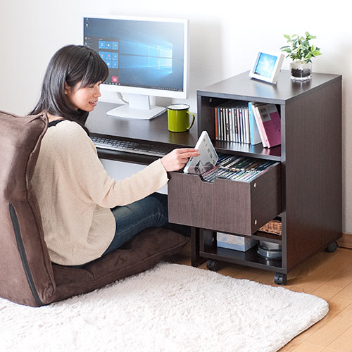 木目調 ローデスク 収納キャビネット付き 幅85cm 奥行45cm 座デスク
