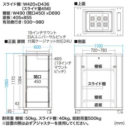 サーバーラック 19インチマウント 24U 観音開き扉 メッシュパネル 棚板