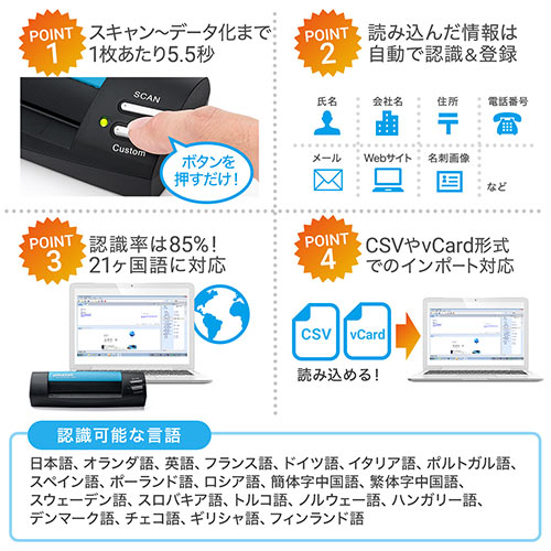 名刺スキャナー 管理ソフト付属 データ化 A6サイズまで対応 Windows 