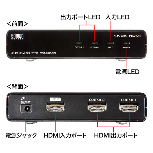 HDMI分配器 2分配 4K/60Hz対応 HDCP1.4 スプリッター [VGA-UHDSP2]_1