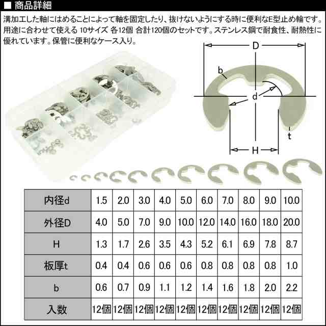 軸用 E型止め輪 Eリング 10サイズ 合計120個セット 固定 抜け止めに I-403の通販はau PAY マーケット - オートパーツ専門店  EALE