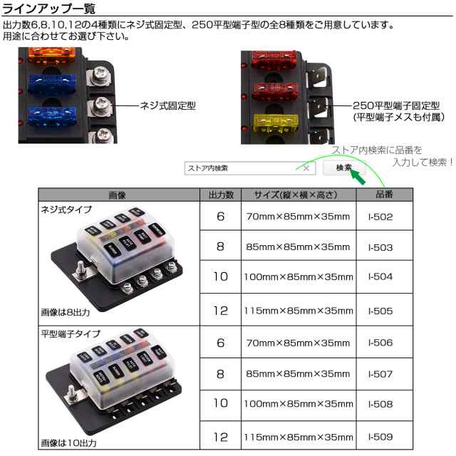 汎用 ヒューズボックス 12極 ネジ式 12V 24V兼用 MAX100A 平型ブレード インジケーターランプ付 I-505｜au PAY マーケット