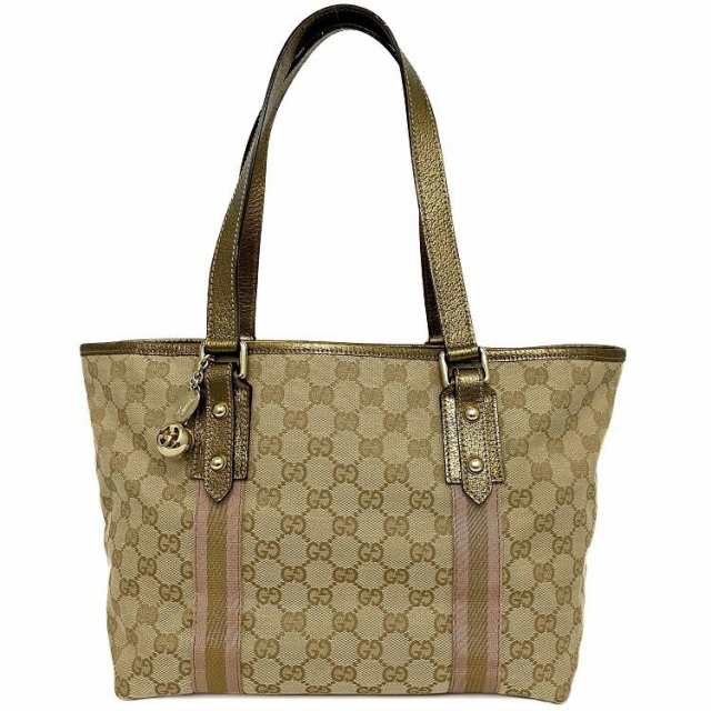 グッチ トートバッグ ベージュ ゴールド ピンク シェリー 137396 205027 GGキャンバス チャーム付 キャンバス 中古 GUCCI 女性  レディー｜au PAY マーケット