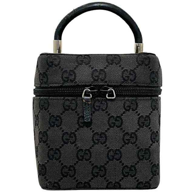 グッチ バニティ メイク ポーチ グレー ブラック 039 1052 GG キャンバス レザー 中古 GUCCI メイクボックス ファスナー  トップハンドル ｜au PAY マーケット