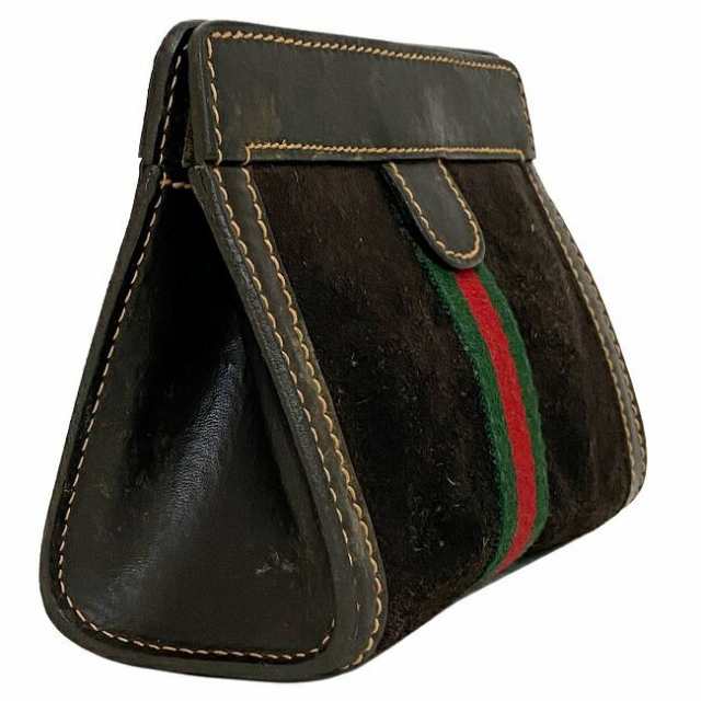 グッチ パフューム ポーチ ブラウン グリーン レッド シェリー 506 美品 レザー スエード 中古 GUCCI PARFUMS 小物入れ  マジックテープ ｜au PAY マーケット